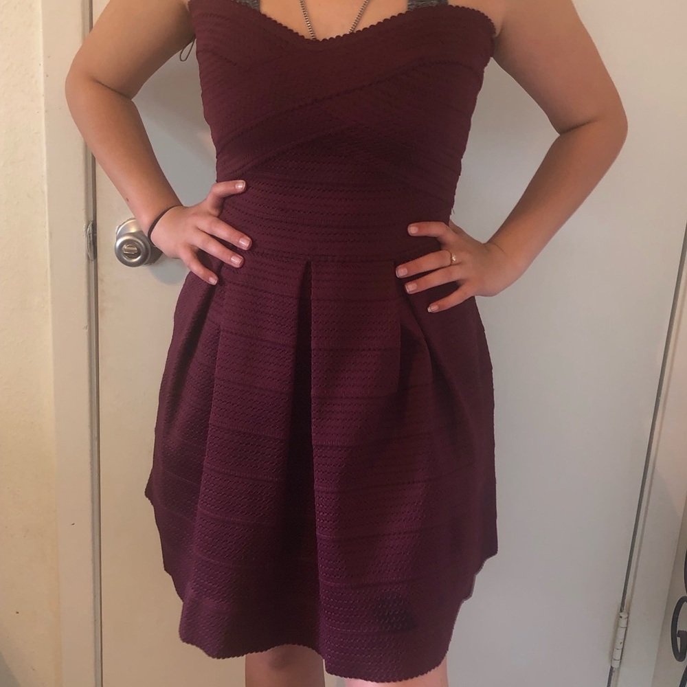 Maroon Wine Express fit and flare strapless dress.